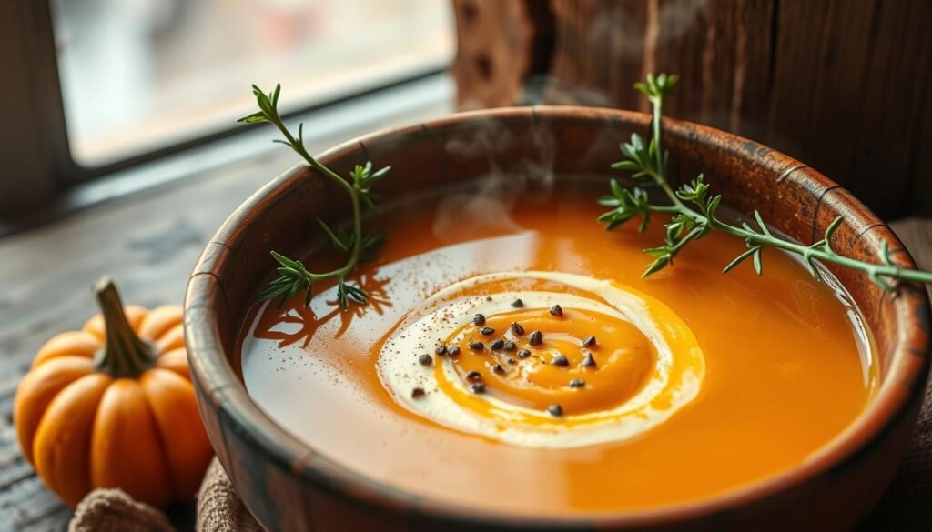 A cozy still life of a seasonal pumpkin soup, steaming gently in a rustic earthenware bowl. The deep orange hue of the soup is accented by sprigs of fresh thyme, a swirl of fragrant olive oil, and a dusting of freshly cracked black pepper. The bowl is set against a background of weathered wood, complemented by the warm glow of natural lighting filtering through a nearby window. The overall atmosphere evokes the comforting, autumnal mood of a nourishing, homemade meal, perfect for a crisp fall day.