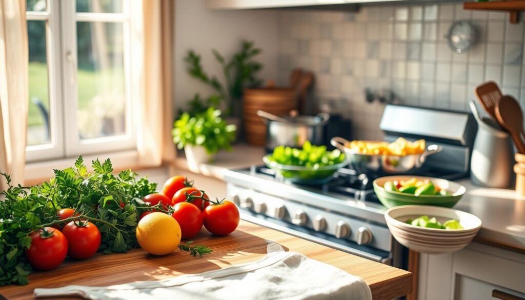 A cozy summer kitchen with warm natural lighting, soft shadows, and a cheerful atmosphere. In the foreground, a crisp white apron, a wooden cutting board, and an array of fresh summer produce - juicy tomatoes, vibrant herbs, and a lemon. In the middle, a sturdy stove with shiny pans, a colander of steaming pasta, and a bowl of mixed greens. In the background, a window overlooking a lush garden, with a gentle breeze ruffling the curtains. The overall mood is relaxed, inviting, and brimming with the flavors of the season, capturing the essence of beginner-friendly summer cooking.
