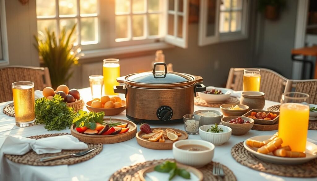 A cozy summer party setup with a rustic slow cooker centerpiece, surrounded by an array of delectable appetizers and refreshing beverages. Warm sunlight filters through the open windows, casting a soft, golden glow on the scene. Crisp, white linens adorn the table, complemented by natural woven placemats and earthy ceramic serving dishes. Fresh herbs, sliced fruits, and savory dips are artfully arranged, inviting guests to indulge in the flavors of the season. The slow cooker, its lid slightly ajar, simmers with a tantalizing aroma, hinting at the delicious dishes to come. A relaxed, inviting atmosphere sets the stage for a memorable summer gathering centered around the convenience and versatility of slow cooker cuisine.