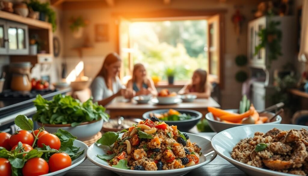 A cozy, sun-dappled kitchen filled with fresh, seasonal ingredients. In the foreground, an array of vibrant, nourishing dishes - a crisp salad with juicy tomatoes, a sizzling stir-fry brimming with colorful veggies, and a hearty grain bowl topped with roasted root vegetables. The middle ground showcases a family gathered around the table, sharing laughter and conversation over their plates. In the background, a lush, verdant garden visible through an open window, hinting at the bountiful seasonal produce. Warm, golden lighting filters through the scene, creating a welcoming, inviting atmosphere. The overall mood is one of wholesome abundance and joyful, nourishing togetherness.