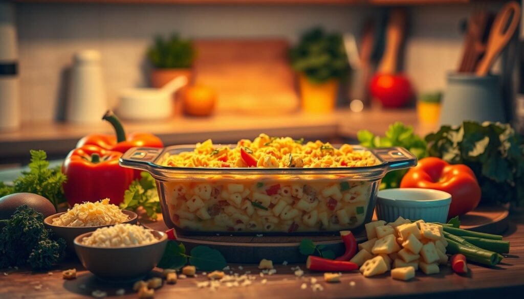 A cozy, vibrant kitchen scene with a family-style casserole dish at the center, surrounded by fresh vegetables, herbs, and kid-friendly garnishes like grated cheese, crushed crackers, and colorful pasta shapes. Warm, soft lighting illuminates the scene, casting a golden glow and creating a comforting atmosphere. In the background, a kitchen counter with simple, wholesome ingredients and a few playful utensils, hinting at the homemade nature of the dish. The overall composition is balanced and inviting, capturing the essence of a delightful, kid-approved casserole dinner.