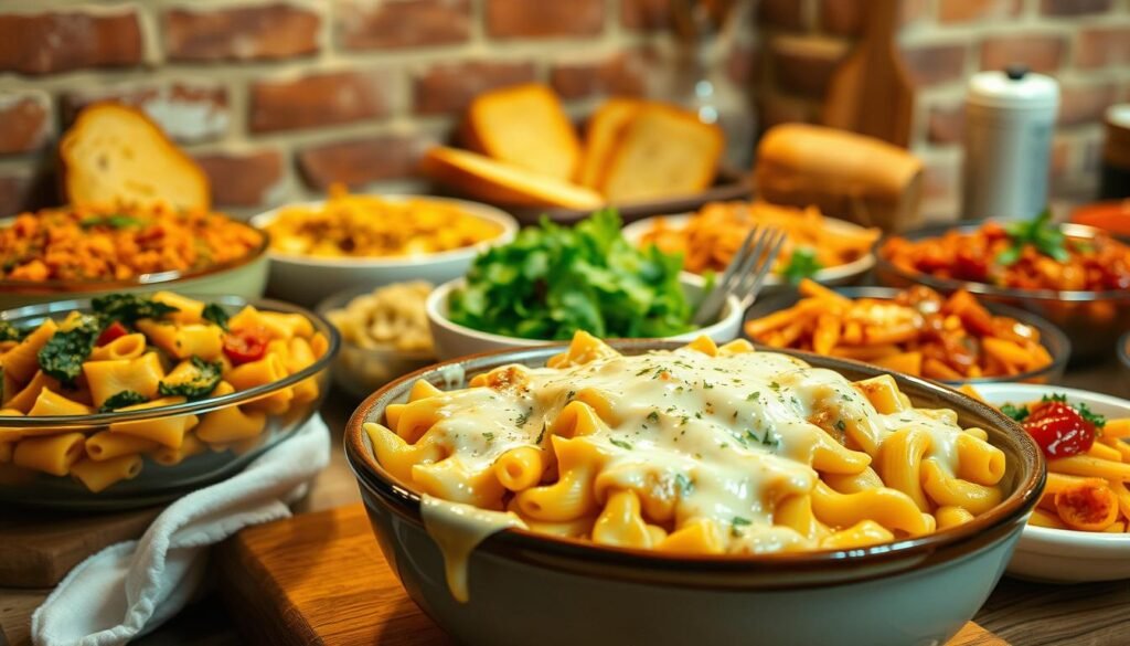 A cozy, warmly-lit kitchen filled with a variety of hearty, mouthwatering vegetarian pasta dishes. In the foreground, a large bowl of creamy, cheese-topped baked ziti, steaming hot and dripping with melted mozzarella. Surrounding it, an assortment of other pasta dishes, like a colorful pesto-coated farfalle, a rich and savory butternut squash lasagna, and a fragrant, tomato-based penne all'arrabbiata. In the middle ground, freshly baked garlic bread and a crisp green salad add texture and balance. The background showcases a rustic, exposed-brick wall, lending an inviting, homey ambiance to the scene. Soft, warm lighting casts a cozy glow over the entire composition, evoking a sense of comfort and satisfaction.