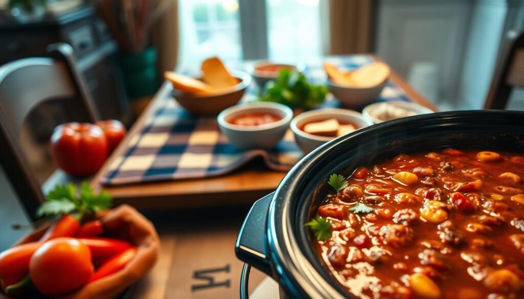 A cozy, welcoming scene of a classic crockpot chili simmering in the foreground, its rich, savory aroma filling the room. A hearty, comforting dish, surrounded by vibrant red and orange peppers, aromatic spices, and a handful of fresh cilantro leaves. In the middle ground, a rustic wooden table set with a plaid flannel runner, inviting bowls, and crusty bread for dipping. The background softly blurred, creating a warm, intimate atmosphere, perfect for a family gathered around the table on a chilly evening, enjoying this satisfying ground beef crockpot meal.