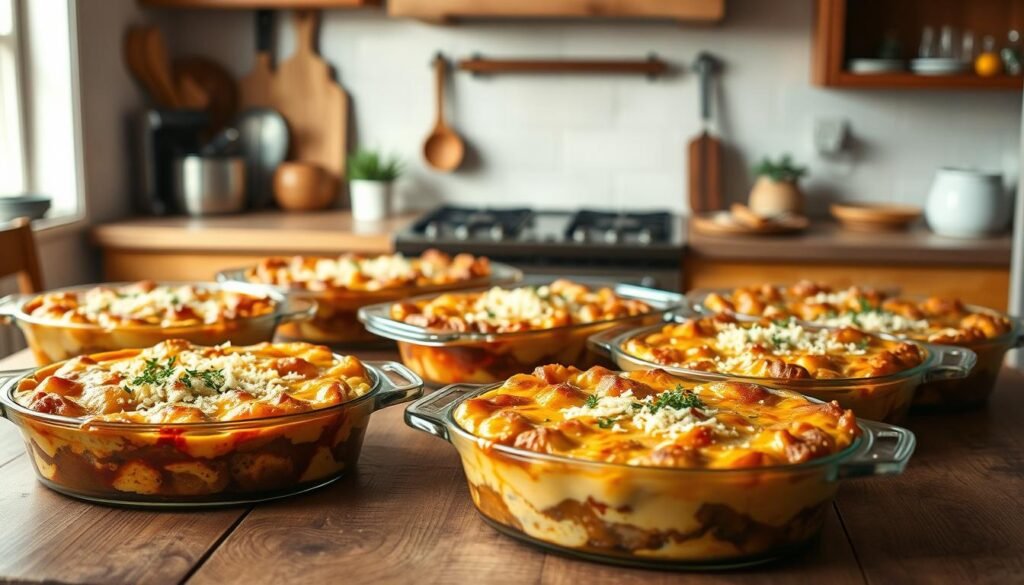 A cozy, well-lit kitchen scene with an array of freezer-friendly casserole dishes taking center stage. In the foreground, a variety of hearty, bubbling casseroles sit atop a rustic wooden table, their inviting aromas wafting through the air. Garnished with fresh herbs and sprinkled with grated cheese, the casseroles exude a comforting, homemade aesthetic. Behind them, a backdrop of warm, earthy tones sets the mood, with a few scattered kitchen utensils and a potted plant adding a touch of homey charm. The lighting is soft and natural, casting a gentle glow over the scene and emphasizing the rich, creamy textures of the casseroles. The composition is balanced and visually appealing, inviting the viewer to imagine enjoying these delicious, freezer-friendly meals.