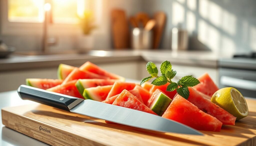 A crisp, sun-drenched kitchen countertop, adorned with a vibrant array of freshly sliced watermelon, juicy and glistening. In the foreground, a wooden cutting board serves as the stage for the preparation, with a sharp chef's knife poised to transform the ripe fruit into a captivating puree. Delicate sprigs of mint and a squeeze of lime add a refreshing touch, hinting at the zesty, summery flavor to come. The background is softly blurred, allowing the focus to remain on the inviting tableau, bathed in the warm glow of natural light streaming through a nearby window. The overall atmosphere is one of tranquility and anticipation, perfectly setting the stage for the creation of a delightfully chilled, fruit-based summer soup.