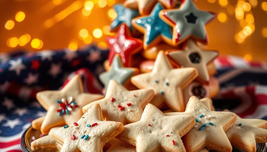 A dazzling display of star-shaped 4th of July desserts, artfully arranged against a backdrop of warm, golden lighting. In the foreground, a platter of star-shaped sugar cookies, their edges dusted with a light sprinkling of red, white, and blue sprinkles, creating a playful, festive contrast. In the middle ground, a tower of star-shaped donuts, some glazed, others coated in a shimmering red or blue icing, their centers filled with a creamy custard or jam. The desserts are set against a softly blurred, patriotic-themed cloth, its folds creating a sense of depth and texture. The overall composition evokes a sense of celebration, with the star shapes echoing the vibrant fireworks of the 4th of July.