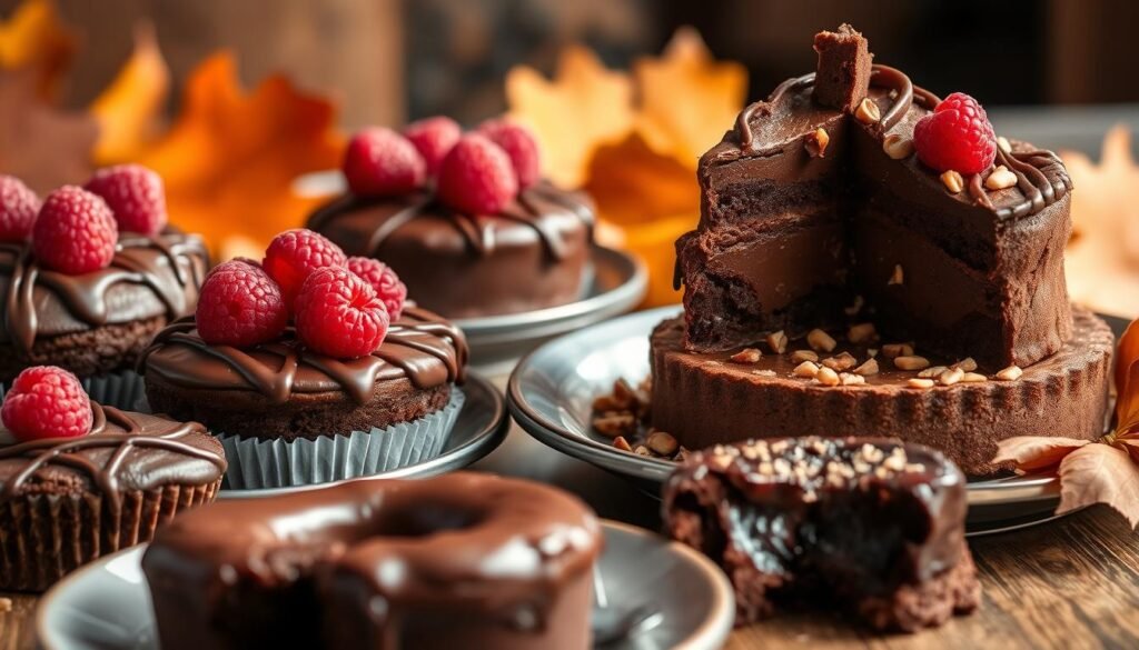 A decadent display of indulgent chocolate desserts, bathed in warm autumn hues. Luscious flourless chocolate cakes, rich and fudgy, adorned with shimmering raspberries and a drizzle of shiny ganache. Beside them, a towering chocolate mousse tart, its silky filling speckled with crunchy hazelnut praline. In the foreground, a plate of gooey chocolate lava cakes, their molten centers begging to be uncovered. All set against a backdrop of burnished copper and amber tones, evoking the cozy comfort of fall. Soft, diffused lighting casts a heavenly glow over this tempting tableau, as if beckoning the viewer to indulge in these decadent delights.