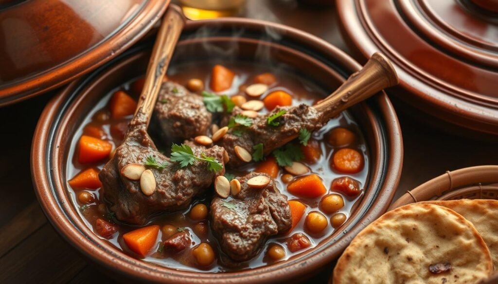 A delectable Moroccan lamb tagine simmers in a clay pot, its rich, fragrant sauce infused with spices like cumin, cinnamon, and paprika. Tender lamb shanks fall off the bone effortlessly, nestled among vibrant carrots, onions, and chickpeas. Garnished with fresh cilantro and toasted almonds, the dish exudes an earthy, comforting aroma that fills the air. Warm, golden light filters through the steam, casting a cozy glow over the scene. The tagine rests on a rustic wooden table, accompanied by a basket of freshly baked Moroccan flatbread, inviting you to savor this global culinary delight.
