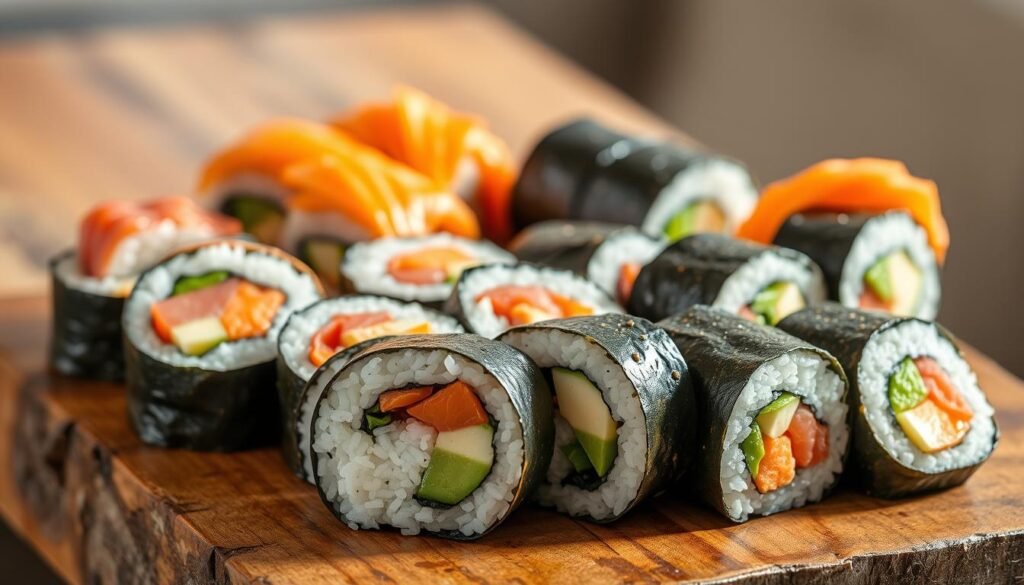 A delectable arrangement of freshly-prepared sushi rolls, expertly crafted with vibrant colors and intricate textures. The sushi is artfully displayed on a rustic wooden surface, with a minimalist background that allows the culinary masterpieces to shine. Soft, natural lighting casts a warm glow, highlighting the glistening nori wraps, the delicate layers of rice, and the carefully arranged slices of fish, vegetables, and other fillings. The overall composition evokes a sense of Japanese elegance and simplicity, inviting the viewer to imagine the satisfying flavors and textures of these easy-to-prepare sushi dishes. A delectable arrangement of freshly-prepared sushi rolls, expertly crafted with vibrant colors and intricate textures. The sushi is artfully displayed on a rustic wooden surface, with a minimalist background that allows the culinary masterpieces to shine. Soft, natural lighting casts a warm glow, highlighting the glistening nori wraps, the delicate layers of rice, and the carefully arranged slices of fish, vegetables, and other fillings. The overall composition evokes a sense of Japanese elegance and simplicity, inviting the viewer to imagine the satisfying flavors and textures of these easy-to-prepare sushi dishes.