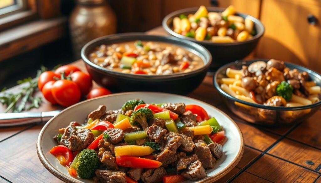 A delectable arrangement of quick, 30-minute beef dishes on a rustic wooden table, bathed in warm, golden lighting. In the foreground, a succulent stir-fried beef and vegetable medley, with tender slices of beef, crisp broccoli, and vibrant red peppers. In the middle ground, a hearty beef and barley soup, with chunks of beef, carrots, and celery in a rich, savory broth. In the background, a flavorful beef and mushroom stroganoff, the pasta perfectly al dente, the sauce creamy and luscious. The scene exudes a cozy, home-cooked atmosphere, inviting the viewer to dive into these easy, satisfying beef dishes.