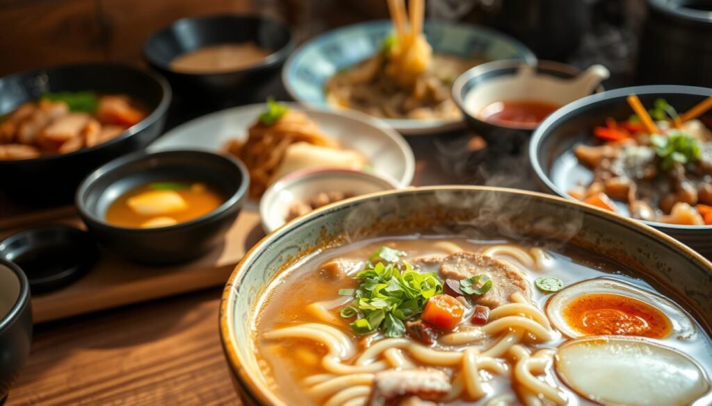 A delectable array of Japanese noodle dishes, captured in a warm, inviting light. Foreground features a steaming bowl of ramen, with thick, chewy noodles, savory broth, and an assortment of toppings like sliced pork, soft-boiled egg, and fresh scallions. In the middle ground, a plate of soba noodles, elegantly arranged with dipping sauce and garnishes. The background showcases other beloved noodle creations, such as udon in a soy-based broth, and yakisoba stir-fried with crisp vegetables. The scene evokes the comforting and satisfying nature of these authentic Japanese noodle recipes, perfect for any occasion. A delectable array of Japanese noodle dishes, captured in a warm, inviting light. Foreground features a steaming bowl of ramen, with thick, chewy noodles, savory broth, and an assortment of toppings like sliced pork, soft-boiled egg, and fresh scallions. In the middle ground, a plate of soba noodles, elegantly arranged with dipping sauce and garnishes. The background showcases other beloved noodle creations, such as udon in a soy-based broth, and yakisoba stir-fried with crisp vegetables. The scene evokes the comforting and satisfying nature of these authentic Japanese noodle recipes, perfect for any occasion.