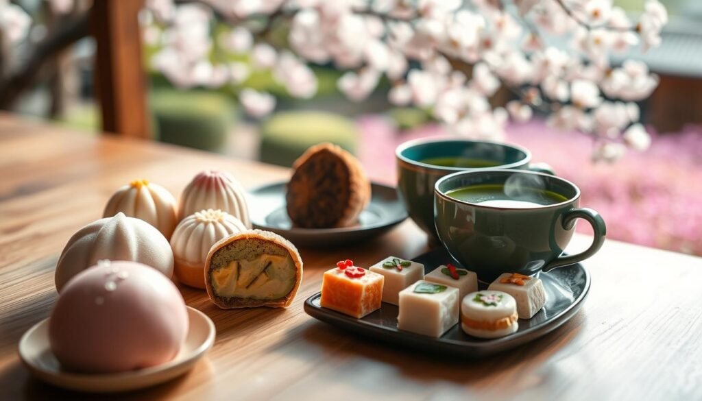A delectable assortment of traditional Japanese desserts, artfully arranged on a minimalist wooden table. In the foreground, a medley of mochi in pastel hues, their soft, chewy texture beckoning. Nearby, a plate of intricate wagashi, each bite-sized confection a delicate work of edible art. In the middle ground, a steaming cup of matcha tea, its emerald green surface reflecting the ambient light. In the background, a serene Japanese garden scene, with sakura blossoms drifting in the gentle breeze, creating a serene and harmonious atmosphere. The image is captured with a shallow depth of field, drawing the viewer's focus to the exquisite desserts and evoking a sense of tranquility and indulgence. A delectable assortment of traditional Japanese desserts, artfully arranged on a minimalist wooden table. In the foreground, a medley of mochi in pastel hues, their soft, chewy texture beckoning. Nearby, a plate of intricate wagashi, each bite-sized confection a delicate work of edible art. In the middle ground, a steaming cup of matcha tea, its emerald green surface reflecting the ambient light. In the background, a serene Japanese garden scene, with sakura blossoms drifting in the gentle breeze, creating a serene and harmonious atmosphere. The image is captured with a shallow depth of field, drawing the viewer's focus to the exquisite desserts and evoking a sense of tranquility and indulgence.
