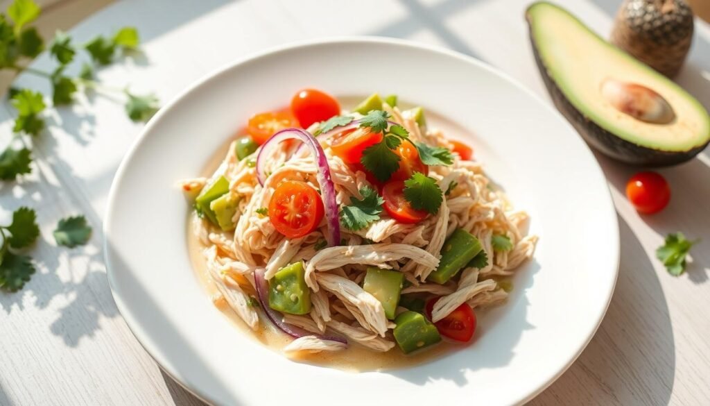 A delectable avocado chicken salad rests atop a pristine white plate, the soft green hues of the avocado contrasting beautifully with the tender shredded chicken. Crisp red onion slices, juicy cherry tomatoes, and a scattering of fresh cilantro leaves add vibrant pops of color. The salad is dressed in a creamy, tangy vinaigrette, the light reflecting off the glistening surface. Natural daylight illuminates the scene, casting gentle shadows and highlights that accentuate the ingredients' textures. The composition is balanced and visually appealing, inviting the viewer to savor the flavors of this flavorful and nutritious chicken salad.