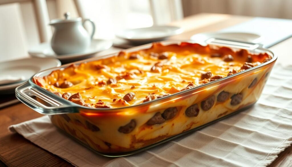 A delectable breakfast sausage casserole, freshly baked, steaming hot, and ready to be served. The savory aroma of seasoned pork sausage, fluffy eggs, and melted cheddar cheese wafts through the air, inviting you to dig in. The casserole is adorned with a golden-brown crust, the result of precise oven timing and temperature. In the foreground, the casserole dish takes center stage, its contents neatly layered and arranged. Surrounding it, a rustic wooden table, adorned with a simple yet elegant tablecloth, sets the stage for a comforting, homemade breakfast. Soft, natural lighting illuminates the scene, creating a warm and inviting atmosphere. The overall composition evokes a sense of comfort, nourishment, and the joy of gathering around the table for a hearty, satisfying meal.
