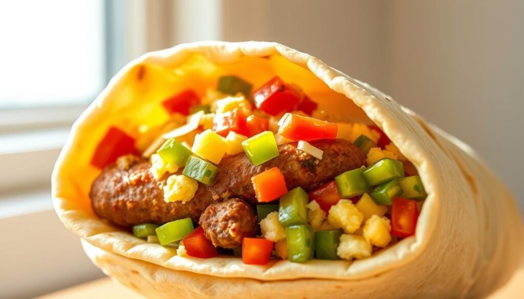 A delectable breakfast sausage wrap, nestled in a soft, warm tortilla shell. The sausage, sizzling and golden-brown, is nestled alongside fluffy scrambled eggs, a vibrant array of diced bell peppers, and a sprinkle of shredded cheddar cheese. The composition is captured in a crisp, high-resolution photograph, lit by natural sunlight streaming through a nearby window, lending a soft, inviting glow to the scene. The wrap is framed against a clean, minimalist background, allowing the flavors and textures to take center stage. A perfect balance of savory and satisfying, this breakfast wrap is the ultimate morning indulgence.