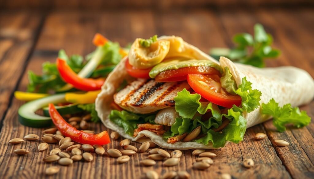 A delectable chicken wrap lunch with fresh, colorful ingredients, meticulously arranged on a rustic wooden table. In the foreground, a perfectly grilled chicken breast is nestled in a soft, whole-wheat tortilla, accompanied by crisp lettuce leaves, juicy tomato slices, and a drizzle of creamy avocado spread. The middle ground features a scattered array of vibrant bell pepper strips, crunchy cucumber spears, and a handful of salty, roasted pumpkin seeds, adding texture and flavor. The background is softly blurred, highlighting the natural, earthy tones of the wooden surface and casting a warm, inviting glow over the scene. The overall composition is balanced, mouthwatering, and perfectly captures the essence of a quick, yet satisfying chicken wrap lunch.
