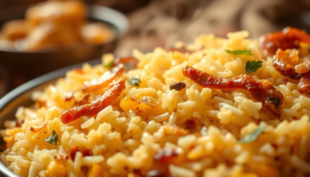 A delectable close-up of a fragrant, steaming biryani dish, its layers of basmati rice, tender chicken, caramelized onions, and aromatic spices artfully arranged. The lighting is warm and inviting, casting a soft glow on the vibrant hues of the dish. The texture of the rice is perfectly fluffy, and the overall presentation is mouthwatering, capturing the essence of authentic Indian cuisine. The scene is framed with a subtle depth of field, drawing the viewer's attention to the intricate details of the biryani's flavors and aromas.