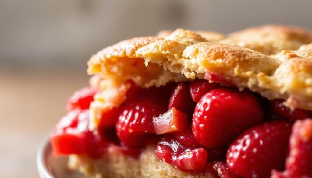 A delectable close-up of a mouthwatering strawberry rhubarb dessert, showcasing the vibrant hues and textures of this classic pairing. The foreground features a generous portion of the dessert, with perfectly scooped ruby-red rhubarb and plump, juicy strawberries nestled in a flaky, golden-brown crust. The middle ground captures the warm, inviting glow of the dessert, illuminated by soft, natural lighting from the side. In the background, a subtle, blurred backdrop of neutral tones provides a simple, yet elegant setting, allowing the dessert to take center stage. The overall composition conveys a sense of rustic sophistication, perfectly capturing the essence of a "Strawberry-Rhubarb Power Combination."