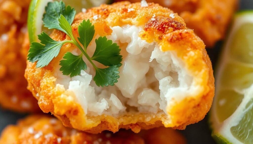 A delectable close-up of a perfectly golden-brown conch fritter, freshly fried to a crisp and glistening exterior. The fritter's interior is a soft, fluffy white, revealing the tender, sweet meat of the conch. Garnished with a vibrant green sprig of cilantro, a zesty lime wedge, and a sprinkle of coarse sea salt, the image evokes the warm, tropical flavors of the Caribbean. Captured in natural, soft lighting that accentuates the fritter's texture and highlights its appetizing appearance, the overall composition suggests a classic, authentic island dish ready to be savored.