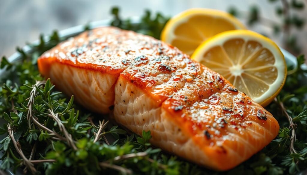 A delectable fillet of fresh salmon, glistening with a golden-brown sear, resting atop a bed of vibrant green herbs, including fragrant lemon thyme, rosemary, and parsley. The fish is accompanied by wedges of juicy lemon, ready to be squeezed over the flaky, moist meat, infusing it with a zesty brightness. Soft focus blurs the background, placing the emphasis on the culinary centerpiece, illuminated by warm, natural lighting that casts a subtle glow. The overall scene exudes an effortless, Mediterranean-inspired elegance, perfectly capturing the essence of a quick, yet deeply flavorful seafood dish.