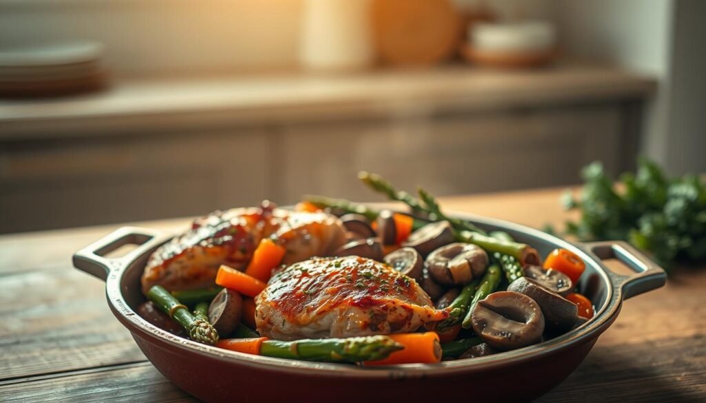 A delectable one-pan chicken dish nestled on a wooden surface, bathed in warm, golden lighting. In the foreground, juicy chicken thighs sizzle alongside vibrant vegetables - crisp asparagus, tender carrots, and earthy mushrooms. The middle ground features a rustic earthenware dish, the rich sauce glistening invitingly. In the background, a minimalist kitchen setting with muted tones and subtle textures creates a cozy, homey atmosphere. The composition evokes a sense of effortless elegance, perfect for a quick and easy weeknight dinner.