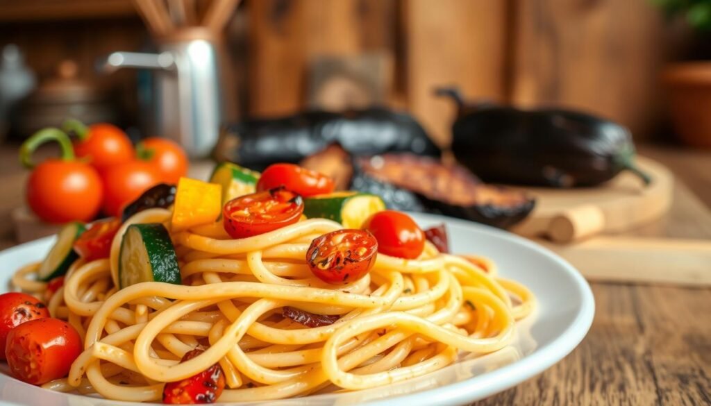 A delectable plate of freshly cooked pasta, twirled with a variety of roasted seasonal vegetables. In the foreground, al dente linguine noodles are intertwined with vibrant bell peppers, zucchini, and cherry tomatoes, all caramelized to perfection. The middle ground features charred eggplant and onion wedges, their rich flavors complementing the pasta. In the background, a softly lit kitchen scene, with a wooden table and a rustic, earth-toned color palette, creates a cozy, homemade atmosphere. The lighting is warm and inviting, casting a golden glow over the dish. The overall composition evokes a sense of wholesome, veggie-forward comfort food, perfect for a satisfying meatless meal.