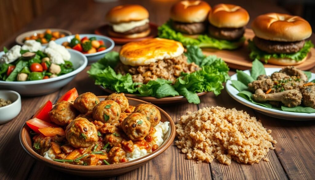 A delectable spread of gluten-free ground turkey dishes, artfully arranged on a rustic wooden table. In the foreground, a savory turkey meatball casserole, its golden crust glistening under warm, diffused lighting. Surrounding it, vibrant green salads, roasted vegetables, and fluffy cauliflower rice, all crafted to cater to dietary restrictions. The middle ground features a hearty turkey shepherd's pie, its creamy mashed potato topping golden-brown. In the background, a trio of turkey burgers, their buns toasted to perfection, resting on a crisp lettuce bed. The overall scene exudes a comforting, homemade atmosphere, inviting the viewer to indulge in these nourishing, gluten-free ground turkey delights.