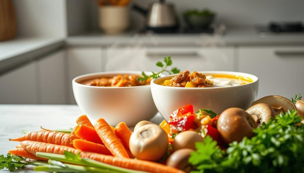 A delectable still life showcasing a mouthwatering selection of vegetarian and vegan Japanese curry toppings. In the foreground, a variety of vibrant vegetables are neatly arranged, including crisp carrots, tender potatoes, and hearty mushrooms. In the middle ground, a pair of steaming white bowls, one filled with a rich, aromatic vegetarian curry, the other with a creamy, coconut-based vegan version. The background features a clean, minimalist kitchen setting, with subtle natural lighting casting a warm, inviting glow. The overall composition exudes a sense of harmony, elegance, and the comforting essence of homemade Japanese cuisine.