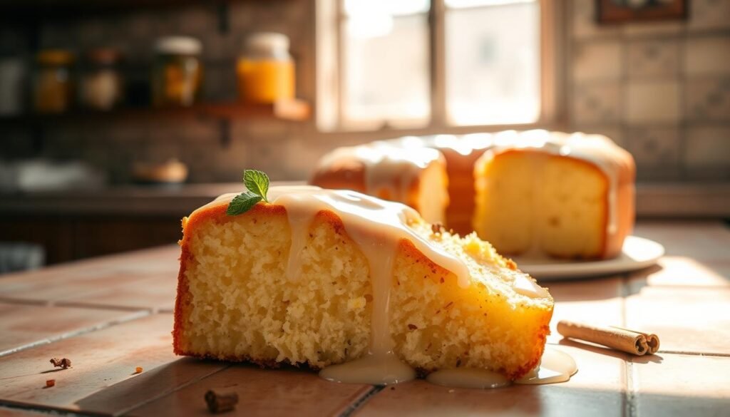 A delectable three-milk cake set against a warm, sun-drenched kitchen backdrop. In the foreground, a generous slice of the moist, spongy cake is drizzled with a luscious glaze, the shiny surface reflecting the soft, natural lighting from a nearby window. Flecks of cinnamon and a sprig of mint add a subtle garnish, while the middle ground showcases the whole cake, its airy texture and golden-brown crust inviting the viewer to indulge. The background features a rustic, tiled countertop and the faint outline of shelves stocked with jars of tropical preserves, hinting at the rich culinary heritage of Cuba. An appetizing, authentic depiction of a simple yet decadent Caribbean dessert.