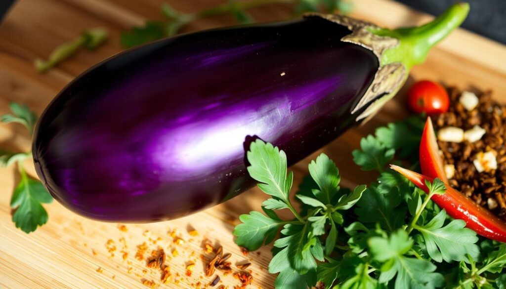 A delicate Japanese eggplant, its deep purple skin gleaming under the soft, natural lighting. The vegetable rests atop a wooden cutting board, surrounded by fresh herbs and spices - a vibrant medley of green, red, and yellow. The composition exudes a sense of simplicity and health-consciousness, hinting at the flavorful, plant-based dish it will soon become. The camera angle is slightly elevated, capturing the eggplant in a three-quarter view, highlighting its elegant, elongated shape. The overall mood is warm, inviting, and entirely vegan.