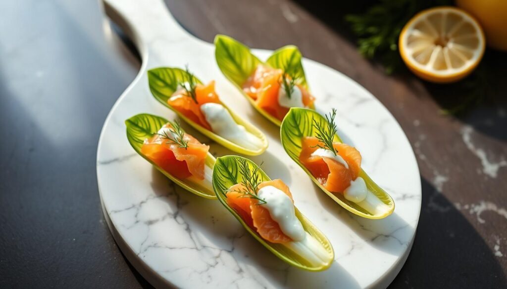 A delicate arrangement of endive leaves filled with silky smoked salmon, garnished with fresh dill, a squeeze of lemon, and a creamy dill-yogurt dressing. The endive cups are artfully displayed on a marble serving platter, highlighted by soft, natural lighting that casts a warm, inviting glow. The composition emphasizes the vibrant greens of the endive, the rich orange hues of the salmon, and the pops of verdant dill, creating a visually striking and appetizing scene. An elegant and sophisticated appetizer that would elevate any social gathering. A delicate arrangement of endive leaves filled with silky smoked salmon, garnished with fresh dill, a squeeze of lemon, and a creamy dill-yogurt dressing. The endive cups are artfully displayed on a marble serving platter, highlighted by soft, natural lighting that casts a warm, inviting glow. The composition emphasizes the vibrant greens of the endive, the rich orange hues of the salmon, and the pops of verdant dill, creating a visually striking and appetizing scene. An elegant and sophisticated appetizer that would elevate any social gathering.