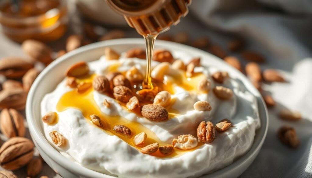 A delicate arrangement of freshly made Greek yogurt, drizzled with golden honey, and sprinkled with a medley of toasted nuts - almonds, walnuts, and hazelnuts. The yogurt's creamy, thick texture contrasts beautifully with the crunchy nuts and the sticky-sweet honey. Soft natural lighting bathes the scene, casting gentle shadows and highlights that emphasize the depth and texture of the ingredients. The composition is simple yet elegant, capturing the essence of a classic, nourishing Mediterranean breakfast.