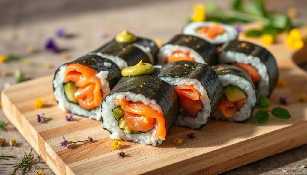 A delicate arrangement of freshly prepared sushi rolls, featuring silky slices of smoked salmon nestled amidst vibrant green seaweed, plump grains of white rice, and a drizzle of creamy avocado sauce. The sushi rolls are placed on a sleek, minimalist wooden board, surrounded by a scattering of delicate edible flowers and fresh herbs, creating a visually stunning and appetizing display. The scene is bathed in soft, natural lighting, capturing the delicate textures and vibrant colors of the sushi with a warm, inviting atmosphere. The overall composition evokes a sense of culinary sophistication and attention to detail, perfectly complementing the "Easy Smoked Salmon Sushi Rolls" section of the article. A delicate arrangement of freshly prepared sushi rolls, featuring silky slices of smoked salmon nestled amidst vibrant green seaweed, plump grains of white rice, and a drizzle of creamy avocado sauce. The sushi rolls are placed on a sleek, minimalist wooden board, surrounded by a scattering of delicate edible flowers and fresh herbs, creating a visually stunning and appetizing display. The scene is bathed in soft, natural lighting, capturing the delicate textures and vibrant colors of the sushi with a warm, inviting atmosphere. The overall composition evokes a sense of culinary sophistication and attention to detail, perfectly complementing the "Easy Smoked Salmon Sushi Rolls" section of the article.