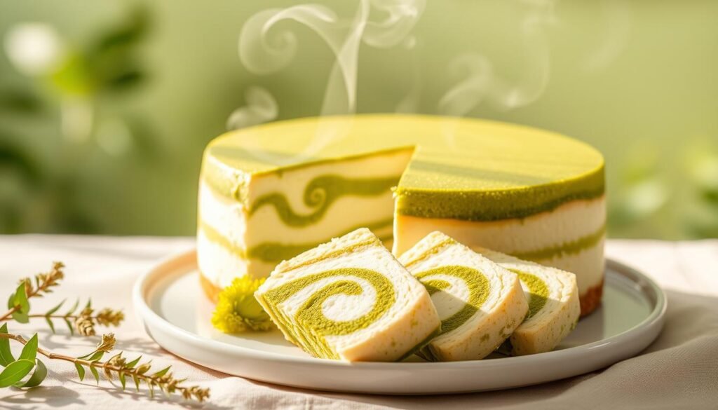 A delicate, layered matcha Japanese cheesecake set against a soft, verdant backdrop. The cake's surface glistens with a subtle sheen, while wisps of steam gently rise, hinting at its pillowy, cloud-like texture. Slices of the cake are arranged artfully, showcasing the vibrant green matcha swirls that contrast beautifully with the creamy white interior. Warm, natural lighting bathes the scene, creating a serene, inviting atmosphere. The overall composition evokes a sense of elegance and refinement, perfectly capturing the essence of this unique Japanese culinary delight. A delicate, layered matcha Japanese cheesecake set against a soft, verdant backdrop. The cake's surface glistens with a subtle sheen, while wisps of steam gently rise, hinting at its pillowy, cloud-like texture. Slices of the cake are arranged artfully, showcasing the vibrant green matcha swirls that contrast beautifully with the creamy white interior. Warm, natural lighting bathes the scene, creating a serene, inviting atmosphere. The overall composition evokes a sense of elegance and refinement, perfectly capturing the essence of this unique Japanese culinary delight.