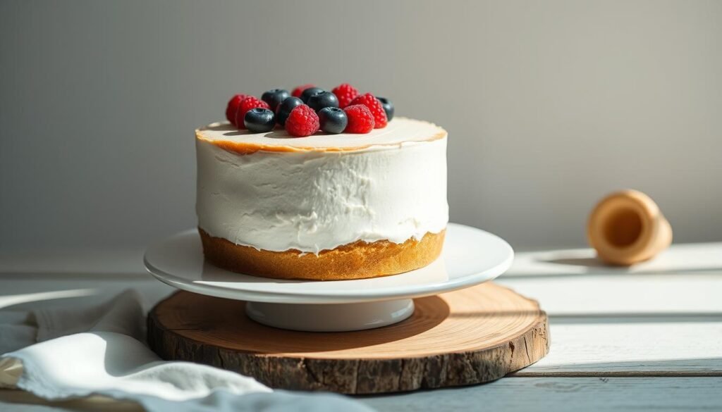 A delicate, light and airy summer cake, gently illuminated by soft, natural lighting. The cake's surface is adorned with fresh berries, perhaps blueberries and raspberries, arranged in a visually appealing pattern. The cake stands upon a pristine white plate, placed atop a rustic wooden surface. Subtle shadows create depth and dimension, while a slightly hazy, out-of-focus background suggests a tranquil, minimalist setting. The overall mood is one of simplicity, freshness and summertime delight. A delicate, light and airy summer cake, gently illuminated by soft, natural lighting. The cake's surface is adorned with fresh berries, perhaps blueberries and raspberries, arranged in a visually appealing pattern. The cake stands upon a pristine white plate, placed atop a rustic wooden surface. Subtle shadows create depth and dimension, while a slightly hazy, out-of-focus background suggests a tranquil, minimalist setting. The overall mood is one of simplicity, freshness and summertime delight.
