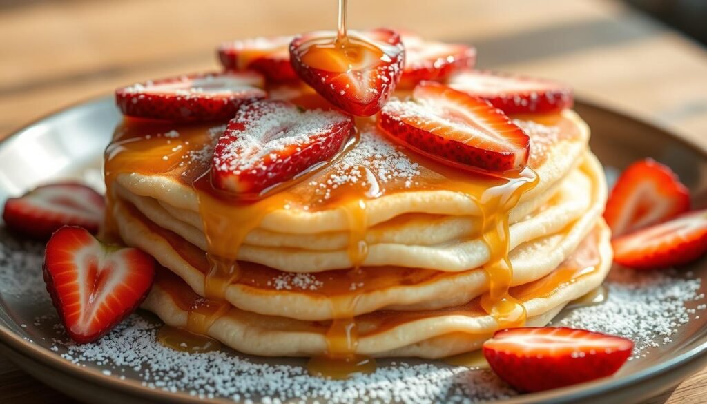 A delicate stack of fluffy, golden-brown Japanese pancakes, drizzled with a glistening honey glaze and sprinkled with a dusting of powdered sugar. The pancakes are adorned with perfectly ripe, juicy strawberry slices arranged in a visually captivating pattern, creating a harmonious balance of colors and textures. Soft natural lighting illuminates the scene, casting a warm, inviting glow and highlighting the intricate details of the pancakes. The image is captured from a slightly elevated angle, giving the viewer a tantalizing perspective of the unique and artfully presented Japanese delicacy. A delicate stack of fluffy, golden-brown Japanese pancakes, drizzled with a glistening honey glaze and sprinkled with a dusting of powdered sugar. The pancakes are adorned with perfectly ripe, juicy strawberry slices arranged in a visually captivating pattern, creating a harmonious balance of colors and textures. Soft natural lighting illuminates the scene, casting a warm, inviting glow and highlighting the intricate details of the pancakes. The image is captured from a slightly elevated angle, giving the viewer a tantalizing perspective of the unique and artfully presented Japanese delicacy.