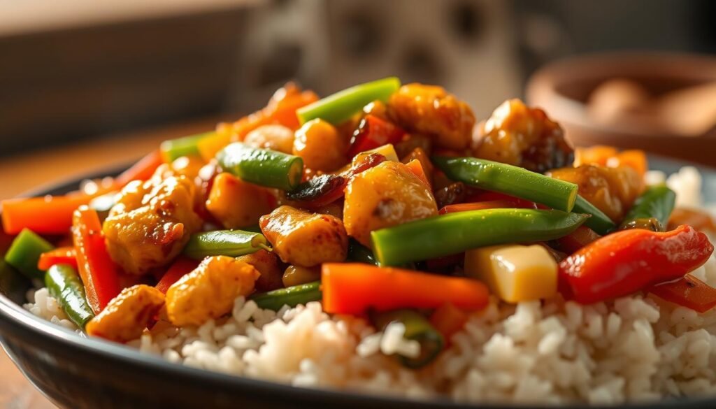A delicious chicken stir-fry with vibrant vegetables, steaming rice, and a rich, savory sauce. The chicken is seared to a golden brown, tender and juicy. Crisp bell peppers, snow peas, and carrots add a rainbow of colors and fresh crunch. The sauce glistens, a blend of soy, garlic, and ginger, coating the ingredients in a delectable harmony of flavors. The scene is bathed in warm, diffused lighting, with a slight vignette effect, creating an inviting, mouthwatering atmosphere. The composition places the stir-fry in the foreground, with the background softly blurred, allowing the vibrant dish to take center stage.