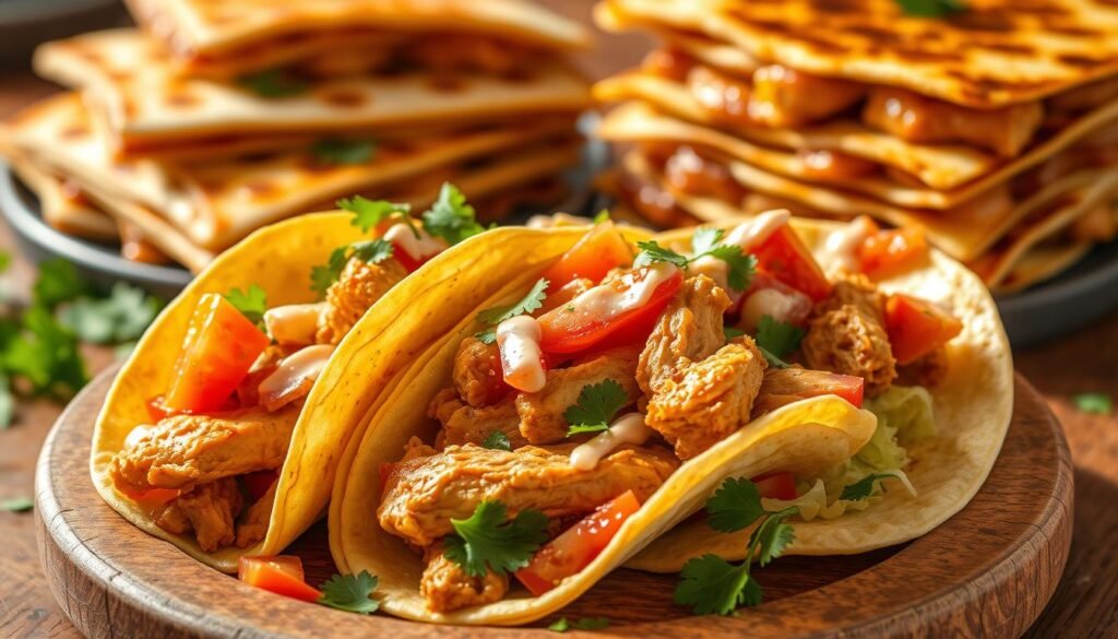 A delicious plate of chicken tacos, featuring tender, juicy chicken nestled in warm, soft tortillas. The tacos are garnished with vibrant diced tomatoes, crisp lettuce, and a tangy, creamy sauce. In the background, a stack of golden-brown quesadillas, oozing with melted cheese and savory chicken. The scene is bathed in warm, natural lighting, creating an inviting and mouthwatering atmosphere. A scattering of fresh cilantro leaves adds a touch of herbal freshness. This artful composition celebrates the flavors and textures of these classic Tex-Mex lunch staples.