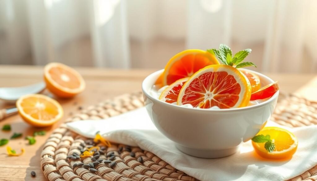 A delightful Mediterranean breakfast scene. In the foreground, a white ceramic bowl filled with creamy chia seed pudding, topped with vibrant citrus slices and a drizzle of golden honey. The pudding's light and frothy texture contrasts with the juicy, tart fruit. Surrounding the bowl, a scatter of whole chia seeds, orange zest, and a few sprigs of fresh mint. The middle ground features a woven rattan placemat and a simple white linen napkin, while the background showcases warm, natural lighting filtering through sheer white curtains, casting a soft, inviting glow. The overall mood is bright, fresh, and nourishing, perfectly capturing the essence of a fruit-infused Mediterranean breakfast.