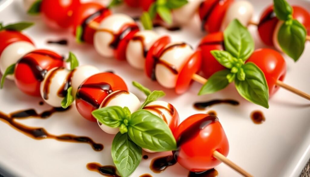 A delightful arrangement of mini caprese skewers, featuring bite-sized morsels of ripe red tomatoes, creamy mozzarella pearls, and fragrant fresh basil leaves. The skewers are neatly presented on a white platter, with a drizzle of balsamic glaze adding a touch of tangy sweetness. The lighting is soft and natural, casting a warm, inviting glow on the appetizers. The camera angle is slightly elevated, showcasing the vibrant colors and textures of the ingredients. The overall mood is one of freshness, simplicity, and summer-inspired delight, perfectly capturing the essence of a quick and refreshing appetizer. A delightful arrangement of mini caprese skewers, featuring bite-sized morsels of ripe red tomatoes, creamy mozzarella pearls, and fragrant fresh basil leaves. The skewers are neatly presented on a white platter, with a drizzle of balsamic glaze adding a touch of tangy sweetness. The lighting is soft and natural, casting a warm, inviting glow on the appetizers. The camera angle is slightly elevated, showcasing the vibrant colors and textures of the ingredients. The overall mood is one of freshness, simplicity, and summer-inspired delight, perfectly capturing the essence of a quick and refreshing appetizer.