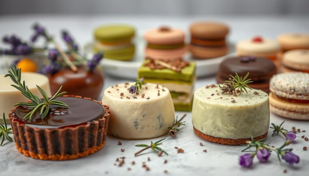 A delightful array of herb-infused desserts graces the table, meticulously crafted to delight the senses. In the foreground, a decadent chocolate tart with a subtle rosemary infusion, its rich hue and glistening surface inviting indulgence. Beside it, a lemon mousse flecked with fragrant lemon thyme, its light and airy texture a perfect balance to the tart. In the middle ground, a visually stunning green tea mille-feuille, the delicate layers of puff pastry complemented by the grassy notes of the matcha cream. In the background, a tantalizing array of bite-sized treats, from lavender-infused macarons to rosemary-scented shortbread cookies, all presented with an artful eye for detail. Soft, directional lighting casts a warm, inviting glow, accentuating the vibrant colors and textures of these unique, allergen-friendly desserts.