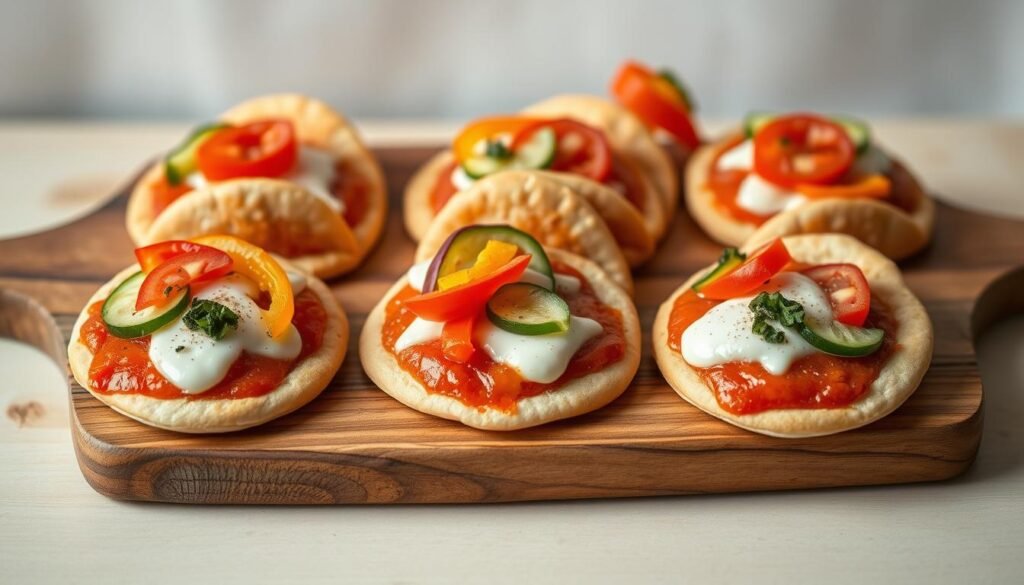 A delightful array of mini pita breads, each one topped with a vibrant blend of tomato sauce, melted mozzarella cheese, and colorful sliced vegetables. The pitas are arranged artfully on a rustic wooden board, with a soft, natural lighting highlighting their freshly baked texture. In the background, a soothing neutral-toned backdrop creates a cozy, inviting atmosphere, perfect for a quick and easy kid-friendly snack. The overall composition conveys a sense of simplicity, wholesomeness, and the satisfying appeal of a homemade, customizable mini pizza.