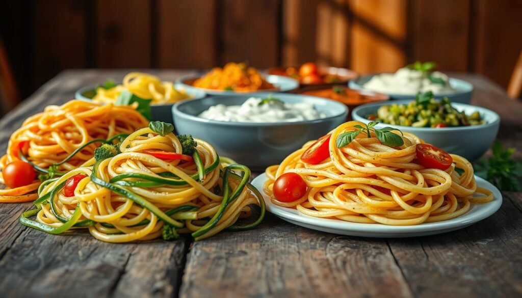 A delightful display of creative vegetarian pasta, artfully arranged on a rustic wooden table. In the foreground, a vibrant array of colorful noodles, expertly twirled and tossed with a variety of fresh, fragrant vegetables - glistening zucchini, tender broccoli florets, and juicy cherry tomatoes. The middle ground features a selection of homemade sauces, from a creamy cashew-based alfredo to a vibrant, herb-infused pesto, each one a testament to the versatility of plant-based cuisine. The background is bathed in warm, natural lighting, casting a cozy, inviting atmosphere, hinting at the delicious flavors and nourishing goodness contained within this mouthwatering culinary composition.