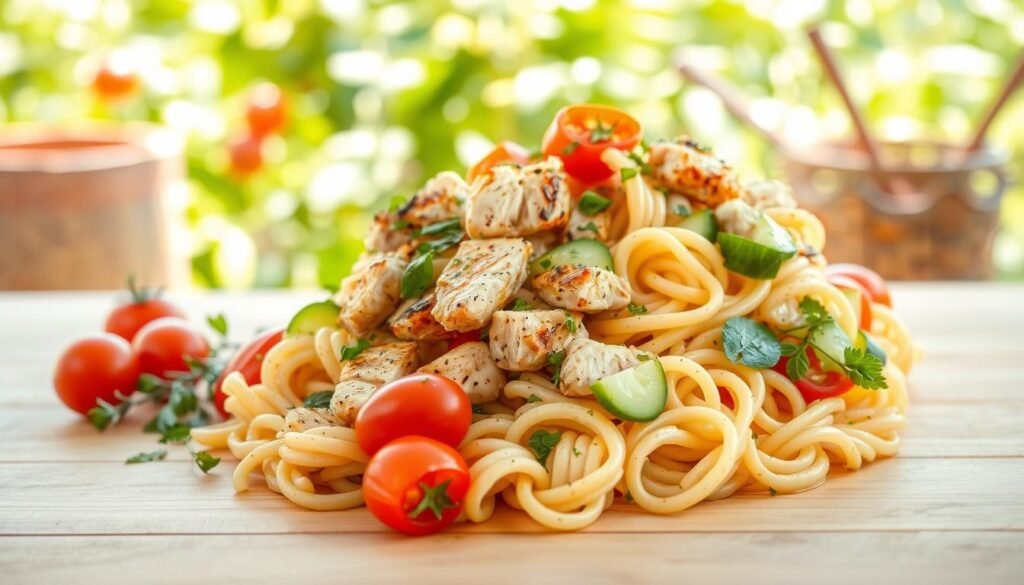A delightful protein-packed chicken pasta salad presented against a bright, summery backdrop. In the foreground, a generous serving of freshly prepared pasta, tossed with tender grilled chicken, vibrant cherry tomatoes, crisp cucumber slices, and fragrant herbs. The middle ground features a wooden table or countertop, with a light, airy atmosphere and soft, natural lighting filtering in. In the background, a lush, green foliage or a rustic, outdoor setting, evoking a sense of freshness and al fresco dining. The overall mood is one of a nourishing, wholesome, and visually appealing summer dish, perfect for any gathering. A delightful protein-packed chicken pasta salad presented against a bright, summery backdrop. In the foreground, a generous serving of freshly prepared pasta, tossed with tender grilled chicken, vibrant cherry tomatoes, crisp cucumber slices, and fragrant herbs. The middle ground features a wooden table or countertop, with a light, airy atmosphere and soft, natural lighting filtering in. In the background, a lush, green foliage or a rustic, outdoor setting, evoking a sense of freshness and al fresco dining. The overall mood is one of a nourishing, wholesome, and visually appealing summer dish, perfect for any gathering.