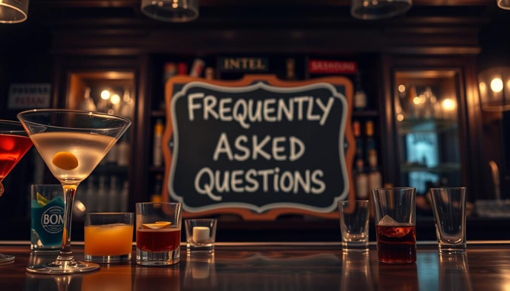 A dimly lit bar counter with a variety of drinks and cocktail glassware in the foreground, including a martini glass, wine glass, and tumbler. In the middle ground, a chalkboard sign floats, displaying the text "FREQUENTLY ASKED QUESTIONS" in elegant cursive. The background is blurred, hinting at the atmosphere of a cozy, old-fashioned bar or lounge. The lighting is soft and warm, creating a inviting and contemplative mood. The scene is shot from a low angle, emphasizing the bar top and giving the image a sense of intimacy and focus on the subject matter.