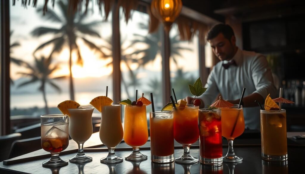 A dimly lit bar in a Caribbean island setting. In the foreground, an array of traditional rum cocktails - from the frothy piña colada to the vibrant Mai Tai, each adorned with tropical garnishes like pineapple slices, maraschino cherries, and paper umbrellas. The bartender, in a crisp white shirt and bow tie, is skillfully mixing drinks behind the mahogany bar. In the background, glimpses of palm trees and a sunset sky through large, open windows, creating a warm, hazy atmosphere. The lighting is soft and moody, casting dramatic shadows and highlighting the rich colors of the cocktails. The scene evokes the timeless elegance and laid-back spirit of Caribbean cocktail culture.