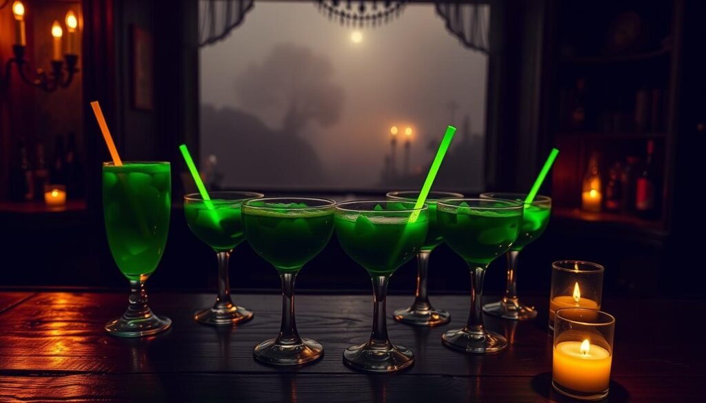 A dimly lit bar scene, with a collection of ghoulish green slime-filled Halloween cocktails taking center stage. The drinks, adorned with glow-stick garnishes, cast an eerie luminescent glow across the shadowy room. In the foreground, the glasses sit atop a worn, wooden bar, their viscous contents swirling and bubbling under the warm, flickering candlelight. In the background, a hazy, fog-shrouded landscape can be seen through the window, hinting at a haunting, supernatural presence beyond. The overall atmosphere is one of unsettling mystery and macabre delight, perfectly capturing the spirit of a spooky Halloween beer cocktail.