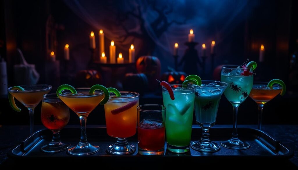 A dimly lit bar set, with an eerie, Halloween atmosphere. In the foreground, a collection of creepy crawly-themed cocktails and mocktails, complete with gummy worms, glow-in-the-dark liquids, and spooky garnishes. The drinks are arranged on a tray, with a dark, moody lighting casting dramatic shadows. In the middle ground, a backdrop of pumpkins, cobwebs, and flickering candles creates a haunting, immersive setting. The background features a shadowy, atmospheric scene with spooky silhouettes and a moody color palette, evoking a sense of mystery and unease. The overall mood is unsettling, yet alluring, capturing the spirit of Halloween and the theme of "Halloween Drinks That Will Haunt Your Dreams."