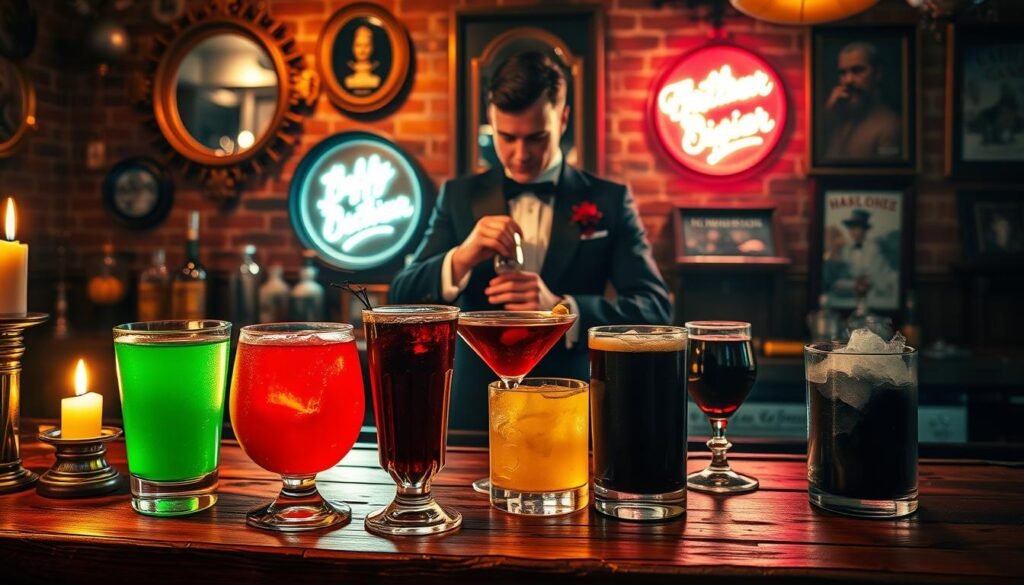A dimly lit retro bar, cast in warm amber hues, showcasing an assortment of vintage-inspired Halloween cocktails. In the foreground, a collection of spooky glassware filled with vibrant, potion-like liquids - shimmering green absinthe, deep red cranberry cordial, and a smoky black charcoal-infused concoction. Candlelight flickers across the bar's worn wooden surface, casting haunting shadows. In the middle ground, a bartender in a classic tuxedo uniform carefully prepares a drink, their every movement graceful and theatrical. The background reveals a moody, atmospheric setting - brick walls adorned with antique mirrors and framed Halloween ephemera, a neon sign casting an eerie glow. The overall scene evokes a sense of nostalgic, spooky elegance, inviting the viewer to step back in time and indulge in a hauntingly delicious libation.