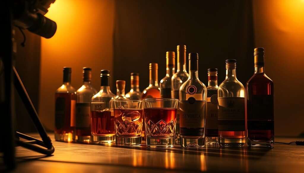 A dimly lit studio with a professional-grade camera setup focused on an arrangement of various alcoholic beverages. The scene is bathed in a warm, golden light, casting dramatic shadows and highlights on the glass bottles and liquid contents. The camera angle is slightly elevated, creating a sense of depth and perspective. The background is blurred, drawing the viewer's attention to the intricate details of the liquor bottles and their reflective surfaces. The lighting is carefully positioned to accentuate the textures, colors, and shapes of the alcoholic drinks, creating a visually stunning and appetizing composition.